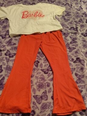 GAP White Barbie Graphic Tee with Bright Coral Flared Pants